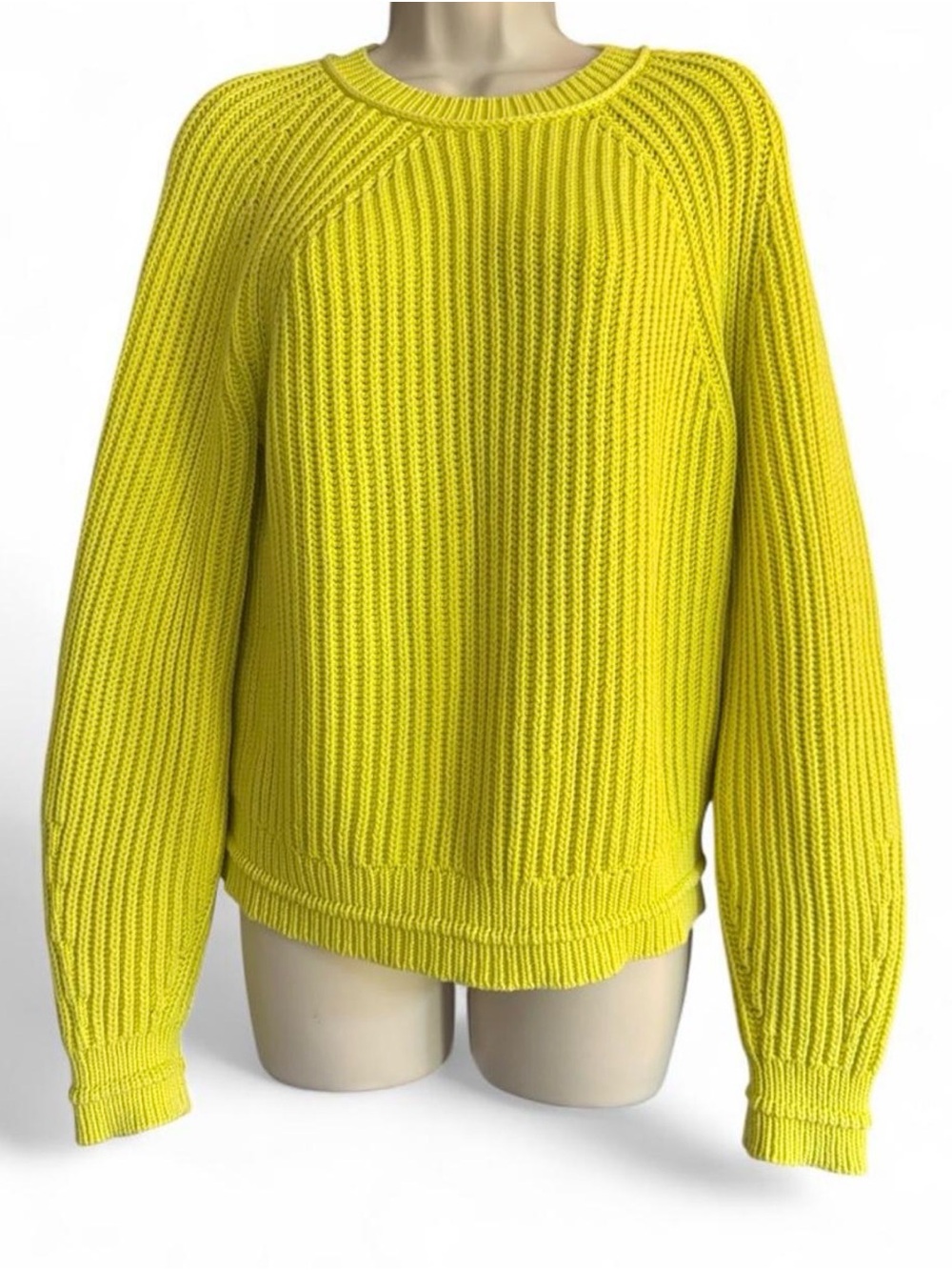 J.Crew Bright Green Ribbed Cotton Crewneck Sweater M Chunky Knit Preppy